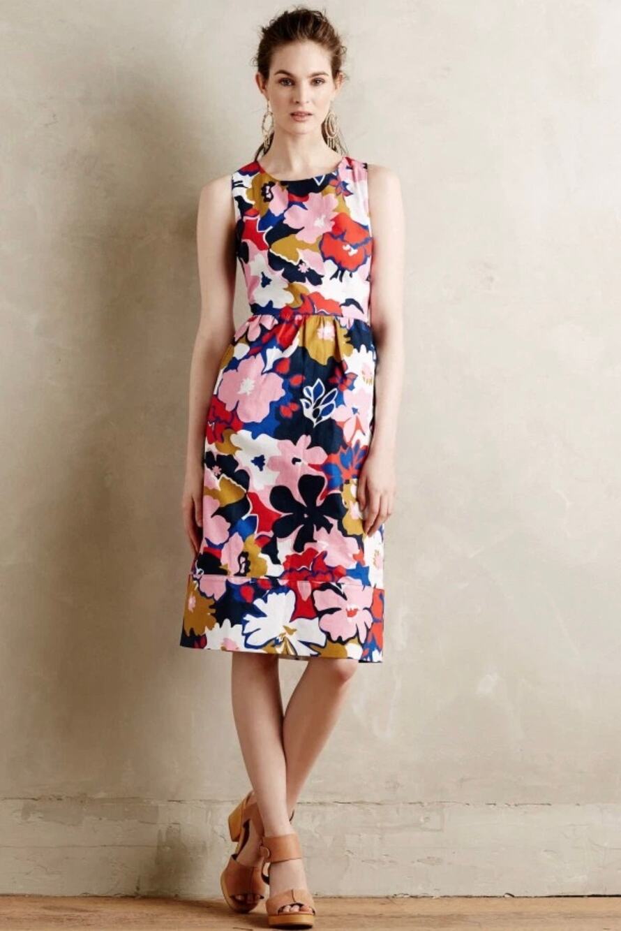 Anthropologie Whit Two Floral Midi Dress Size 8 Multicolor Sleeveless Cotton